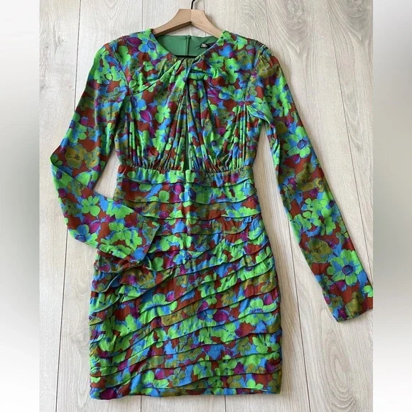 Zara Multicolor Floral Long Sleeve mini body-con Dress XS - Picture 3 of 11